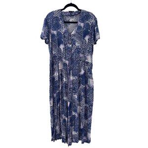 Vintage Bila Blue White Floral Geometric Button-Down Romper Dress Oversized
